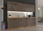 Kuhinja OMIA 260 cm je kuhinja, katera bo prinesla svežino v vaš dom. Dobavljiva je v moderni taupe/hrast barvi. Debelina delovnega pulta je 38 mm.