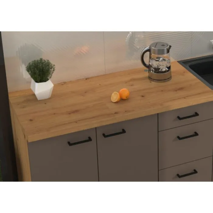 Kuhinjski blok OMIA 260 2 Kuhinjski blok OMIA 260 2 . Kuhinja OMIA 260 2 je kuhinja, katera bo prinesla svežino v vaš dom. Dobavljiva je v moderni taupe/hrast barvi. Debelina