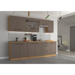 Kuhinjski blok OMIA 260 2 . Kuhinja OMIA 260 2 je kuhinja, katera bo prinesla svežino v vaš dom. Dobavljiva je v moderni taupe/hrast barvi. Debelina