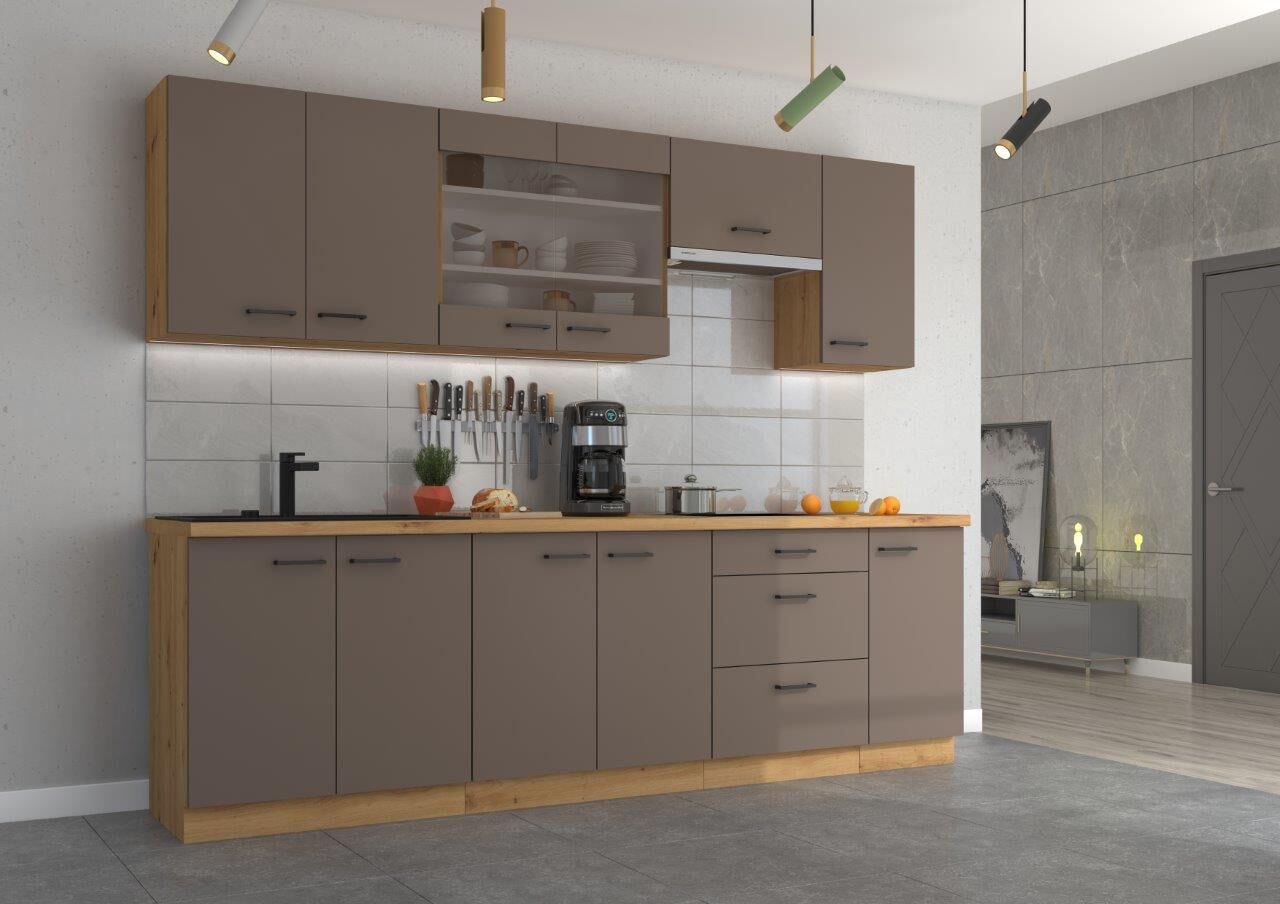 Kuhinja OMIA 260 2 je kuhinja, katera bo prinesla svežino v vaš dom. Dobavljiva je v moderni taupe/hrast barvi. Debelina delovnega pulta je 38 mm.
