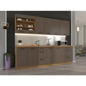 Kuhinjski blok OMIA 260 . Kuhinja OMIA 260 cm je kuhinja, katera bo prinesla svežino v vaš dom. Dobavljiva je v moderni taupe/hrast barvi. Debelina delovnega