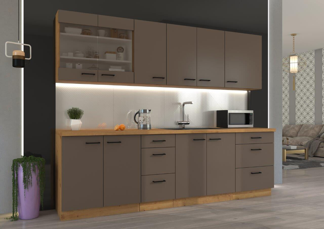 Kuhinja OMIA 260 cm je kuhinja, katera bo prinesla svežino v vaš dom. Dobavljiva je v moderni taupe/hrast barvi. Debelina delovnega pulta je 38 mm.