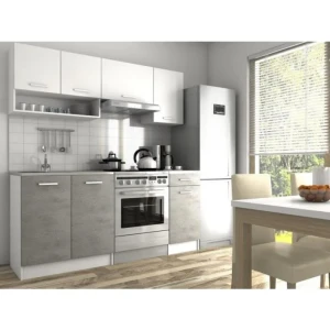 Kuhinjski blok PAMI 180 . Kuhinjski blok PAMI 180 cm je dobavljiva v beli/beton barvi. Korpusi so iz laminirane plošče debeline 18 mm. Kuhinja ima ABS rob.