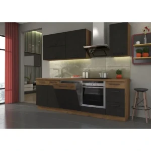 Kuhinjski blok PARIZ 240 cm . Kuhinja PARIZ 240 cm je kuhinja, katera bo prinesla svežino v vaš dom. Dobavljiva je v moderni sivi hrast barvi. Debelina