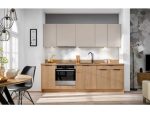 Kuhinjski blok PATRICIA 240 cm + NAPA je modernega dizajna v hrast / kašmir barvi. Stranice so narejene iz laminirane plošče debeline 16 mm, fronte pa