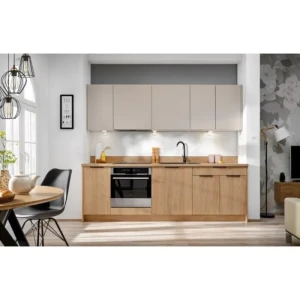 Kuhinjski blok PATRICIA 240 + NAPA . Kuhinjski blok PATRICIA 240 cm + NAPA je modernega dizajna v hrast / kašmir barvi. Stranice so narejene iz laminirane