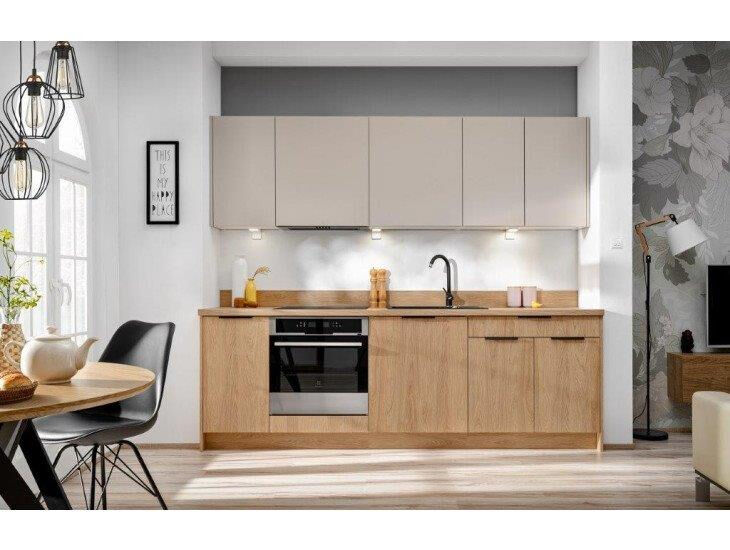 Kuhinjski blok PATRICIA 240 cm + NAPA je modernega dizajna v hrast / kašmir barvi. Stranice so narejene iz laminirane plošče debeline 16 mm, fronte pa