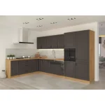 Kuhinjski blok PRESTIGE 210 x 350 cm . Kuhinjski blok PRESTIGE 210 x 350 cm je dobavljiva v grafitni barvi. Debelina delovnega pulta je 38 mm. Fronte kuhinje