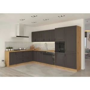 Kuhinjski blok PRESTIGE 210 x 350 cm . Kuhinjski blok PRESTIGE 210 x 350 cm je dobavljiva v grafitni barvi. Debelina delovnega pulta je 38 mm. Fronte kuhinje