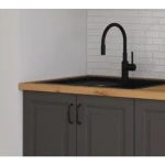 Kuhinjski blok PRESTIGE 250 . Kuhinjski blok PRESTIGE 250 cm je dobavljiva v grafitni barvi. Debelina delovnega pulta je 38 mm. Kuhinja je izdelana iz