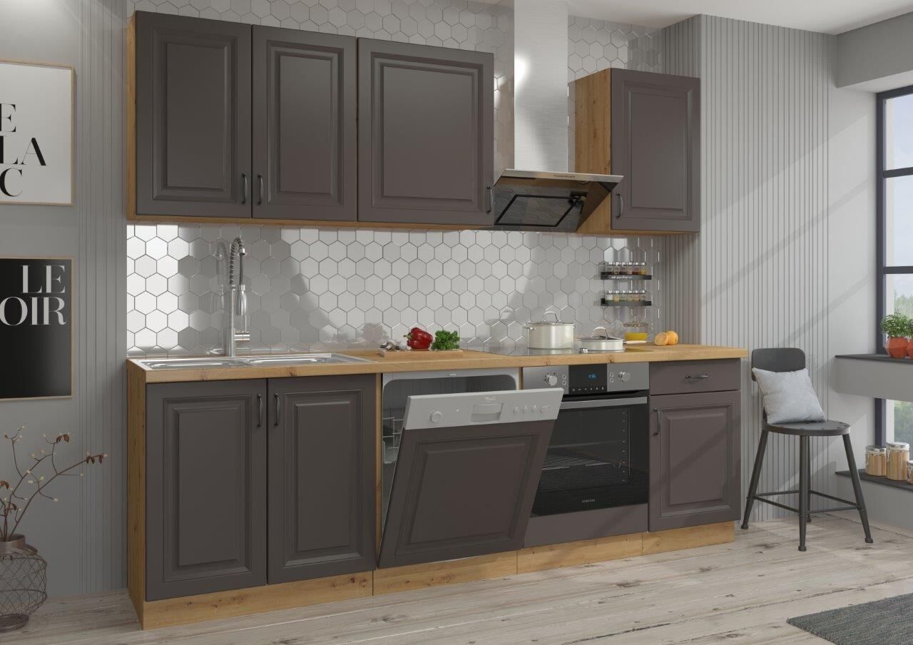 Kuhinjski blok PRESTIGE 250 cm je dobavljiva v grafitni barvi. Debelina delovnega pulta je 38 mm. Kuhinja je izdelana iz oplemenitenih ivernih plošč