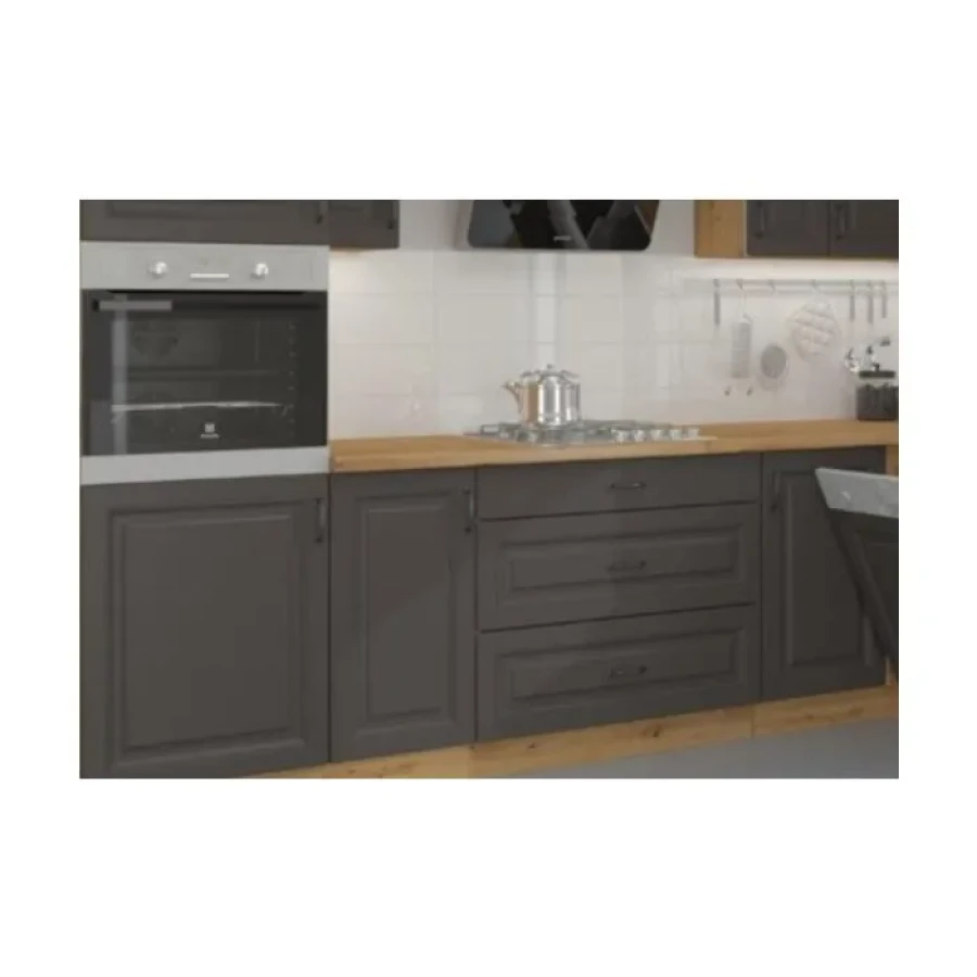 Kuhinjski blok PRESTIGE 285 x 180 . Kuhinjski blok PRESTIGE 285 x 180 cm je dobavljiva v grafitni barvi. Debelina delovnega pulta je 38 mm. Fronte kuhinje