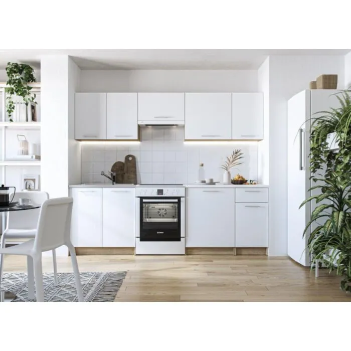 Kuhinjski blok RIA 240 Kuhinjski blok RIA 240 . Kuhinjski blok RIA 240 je dobavlja v beli/sonoma barvi. Korpusi so iz laminirane plošče debeline 16 mm. Laminirane plošče so