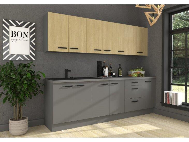 Kuhinjski blok RONA 260 cm je narejen iz kvalitetne laminirane plošče debeline 16 mm s ABS robovi. Debelina delovnega pulta je 38 mm (pult lahko dokupite po