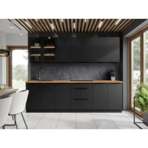 Kuhinjski blok SAŠA 260 . Kuhinjski blok SAŠA 260 cm je kuhinja v črni mat barvi. Kuhinja je izdelana iz oplemenitenih ivernih plošč debeline 16 mm in je