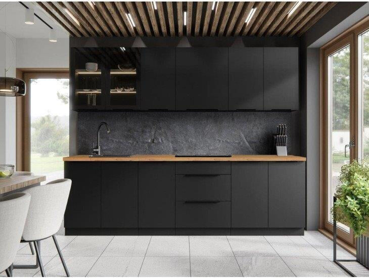 Kuhinjski blok SAŠA 260 cm je kuhinja v črni mat barvi. Kuhinja je izdelana iz oplemenitenih ivernih plošč debeline 16 mm in je oblečena v dekor,