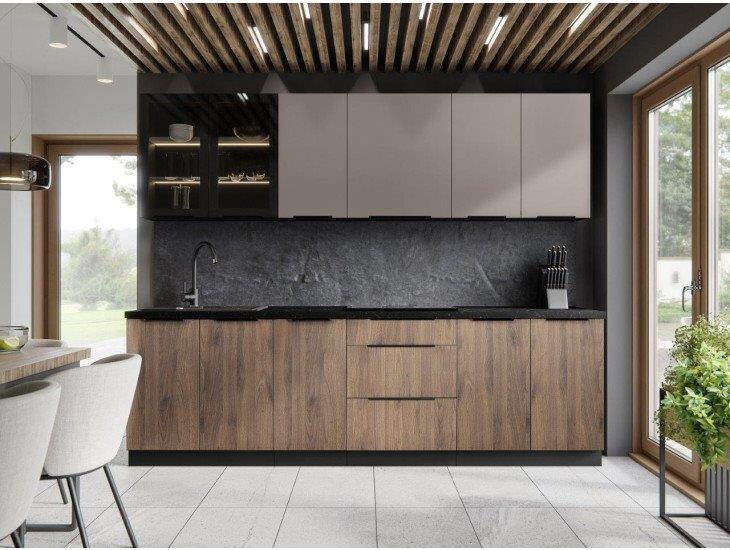 Kuhinjski blok SINDI 260 Kuhinjski blok SINDI 260 cm je kuhinja v kombinaciji črne mat in oreh barve. Kuhinja je izdelana iz oplemenitenih ivernih plošč debeline 16 mm in je