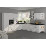 Kuhinjski blok SOFIA 310 x 340 . Kuhinjski blok SOFIA 310 x 340 cm je dobavljiva v beli barvi. Debelina delovnega pulta je 38 mm. Fronte kuhinje imajo MDF rob.
