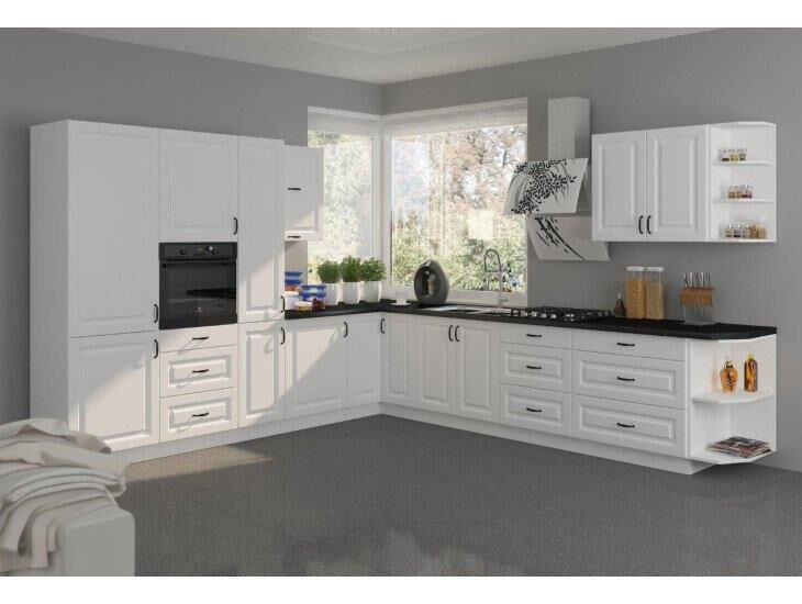 Kuhinjski blok SOFIA 310 x 340 cm je dobavljiva v beli barvi. Debelina delovnega pulta je 38 mm. Fronte kuhinje imajo MDF rob. Kuhinja je izdelana iz