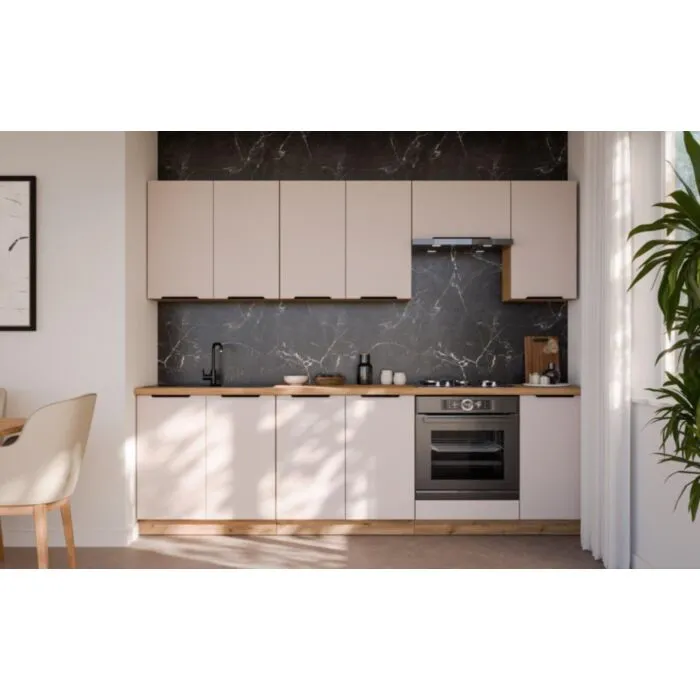 Kuhinjski blok SOLA 260 Kuhinjski blok SOLA 260 . Kuhinjski blok SOLA 260 cm je kuhinja v kombinaciji hrasta in kašmir barve. Kuhinja je izdelana iz oplemenitenih ivernih plošč