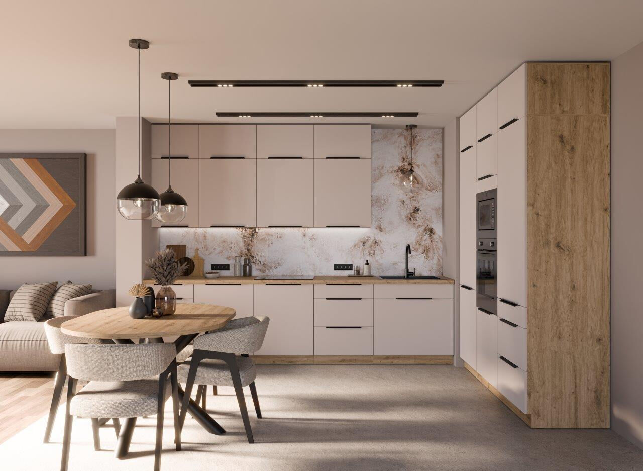 Kuhinjski blok SOLA 310x180 cm je kuhinja v kombinaciji hrasta in kašmir barve Kuhinja je izdelana iz oplemenitenih ivernih plošč debeline 16 mm in je