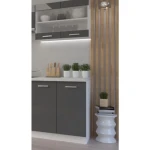 Kuhinjski blok SONJA 240 . Kuhinjski blok SONJA 240 cm je dobavljiva v belo sivi kombinaciji. Korpusi so iz laminirane plošče debeline 18 mm. Vrata steklene