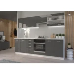 Kuhinjski blok SONJA 260 cm . Kuhinjski blok SONJA 260 cm je dobavljiva v belo sivi kombinaciji. Korpusi so iz laminirane plošče debeline 18 mm. Vrata