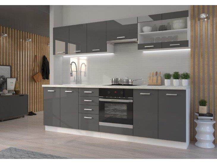 Kuhinjski blok SONJA 260 cm je dobavljiva v belo sivi kombinaciji. Korpusi so iz laminirane plošče debeline 18 mm. Vrata steklene viseče omarice so