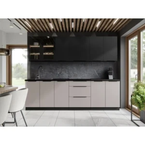 Kuhinjski blok STAŠA 260 . Kuhinjski blok STAŠA 260 cm je kuhinja v kombinaciji črne mat in kašmir barve. Kuhinja je izdelana iz oplemenitenih ivernih