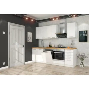 Kuhinjski blok STELLA 240 2 . Kuhinjski blok STELLA 240 cm narejen iz kvalitetne laminirane plošče. Dobavljiv je v beli mat barvi. Debelina delovnega pulta