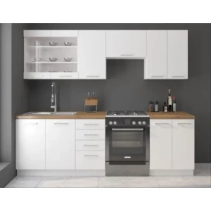 Kuhinjski blok STELLA 240 cm . Kuhinjski blok STELLA 240 cm je dobavljiva v beli mat barvi. Debelina delovnega pulta je 28 mm. Kuhinja je izdelana iz