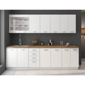 Kuhinjski blok STELLA 260cm . Kuhinjski blok STELLA 260 cm je dobavljiva v beli mat barvi. Debelina delovnega pulta je 28 mm. Kuhinja je izdelana iz