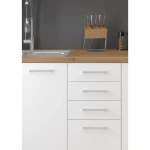 Kuhinjski blok STELLA 260cm . Kuhinjski blok STELLA 260 cm je dobavljiva v beli mat barvi. Debelina delovnega pulta je 28 mm. Kuhinja je izdelana iz