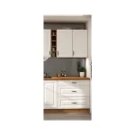 Kuhinjski blok STIL 1 . Kuhinjski blok STIL 1- 265 x 300 x 180 cm je dobavljiva v beli barvi. Debelina delovnega pulta je 38 mm. Fronte kuhinje imajo MDF rob.