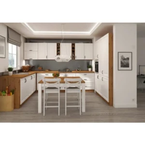 Kuhinjski blok STIL 1 . Kuhinjski blok STIL 1- 265 x 300 x 180 cm je dobavljiva v beli barvi. Debelina delovnega pulta je 38 mm. Fronte kuhinje imajo MDF rob.