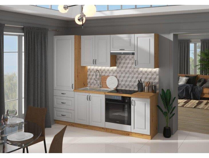 Kuhinjski blok STIL 240 cm je dobavljiva v beli barvi. Debelina delovnega pulta je 38 mm. Kuhinja je izdelana iz oplemenitenih ivernih plošč debeline 16 mm