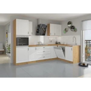 Kuhinjski blok STIL 285x180 . Kuhinjski blok STIL je dolžine 285 x 180 cm. Kuhinja je narejena iz kvalitetnega iverala debeline 18 mm. Delovni pult je