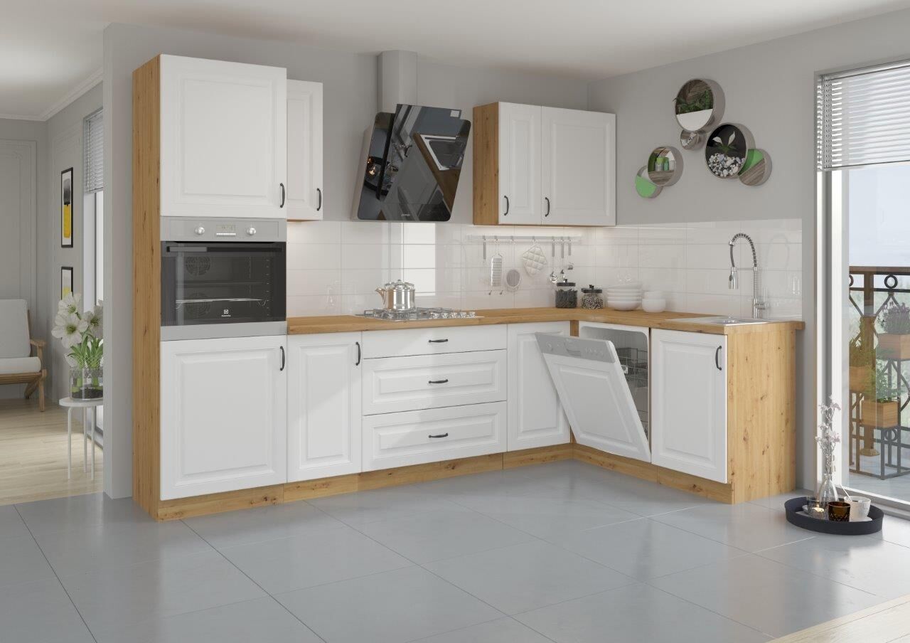 Kuhinjski blok STIL  je dolžine 285 x 180 cm. Kuhinja je narejena iz kvalitetnega iverala debeline 18 mm. Delovni pult je laminiran v hrast barvi debeline