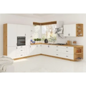 Kuhinjski blok STIL 310 x 340 cm . Kuhinjski blok STIL 310 x 340 cm je dobavljiva v beli barvi. Debelina delovnega pulta je 38 mm. Fronte kuhinje imajo MDF