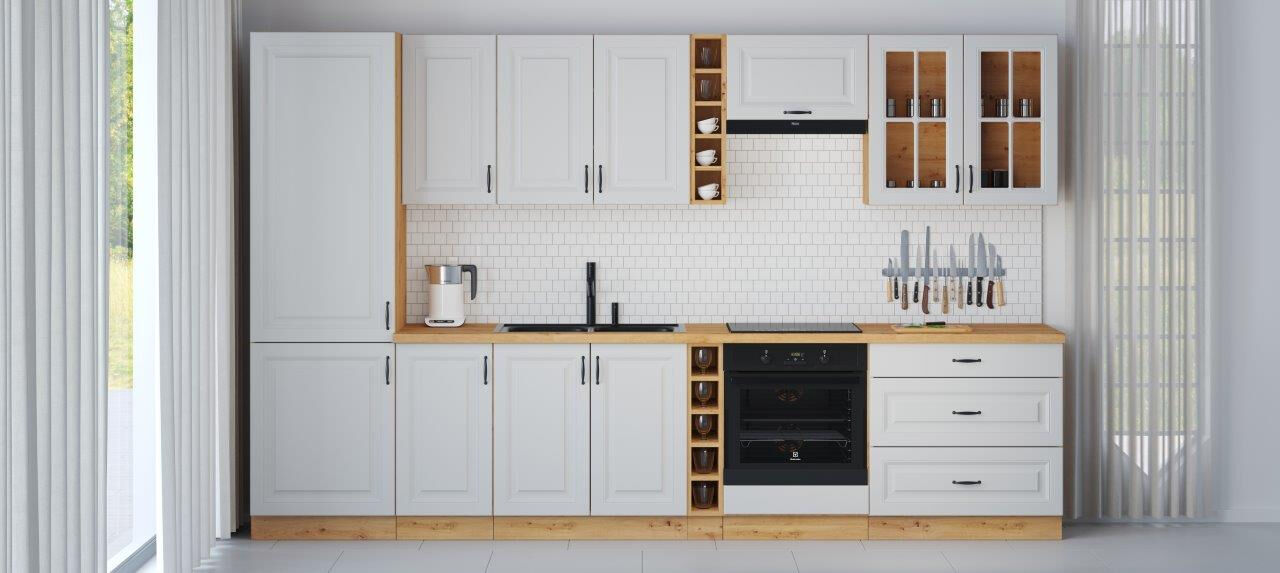 Kuhinjski blok STIL 315 cm Kuhinjski blok STIL 315 cm je dobavljiva v beli barvi. Debelina delovnega pulta je 38 mm. Kuhinja je izdelana iz oplemenitenih ivernih plošč debeline 16 mm