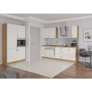 Kuhinjski blok STIL 350 . Kuhinja STIL je dolžine 350 cm. Kuhinja je narejena iz kvalitetnega iverala debeline 16 mm. Delovni pult je laminiran v hrast barvi