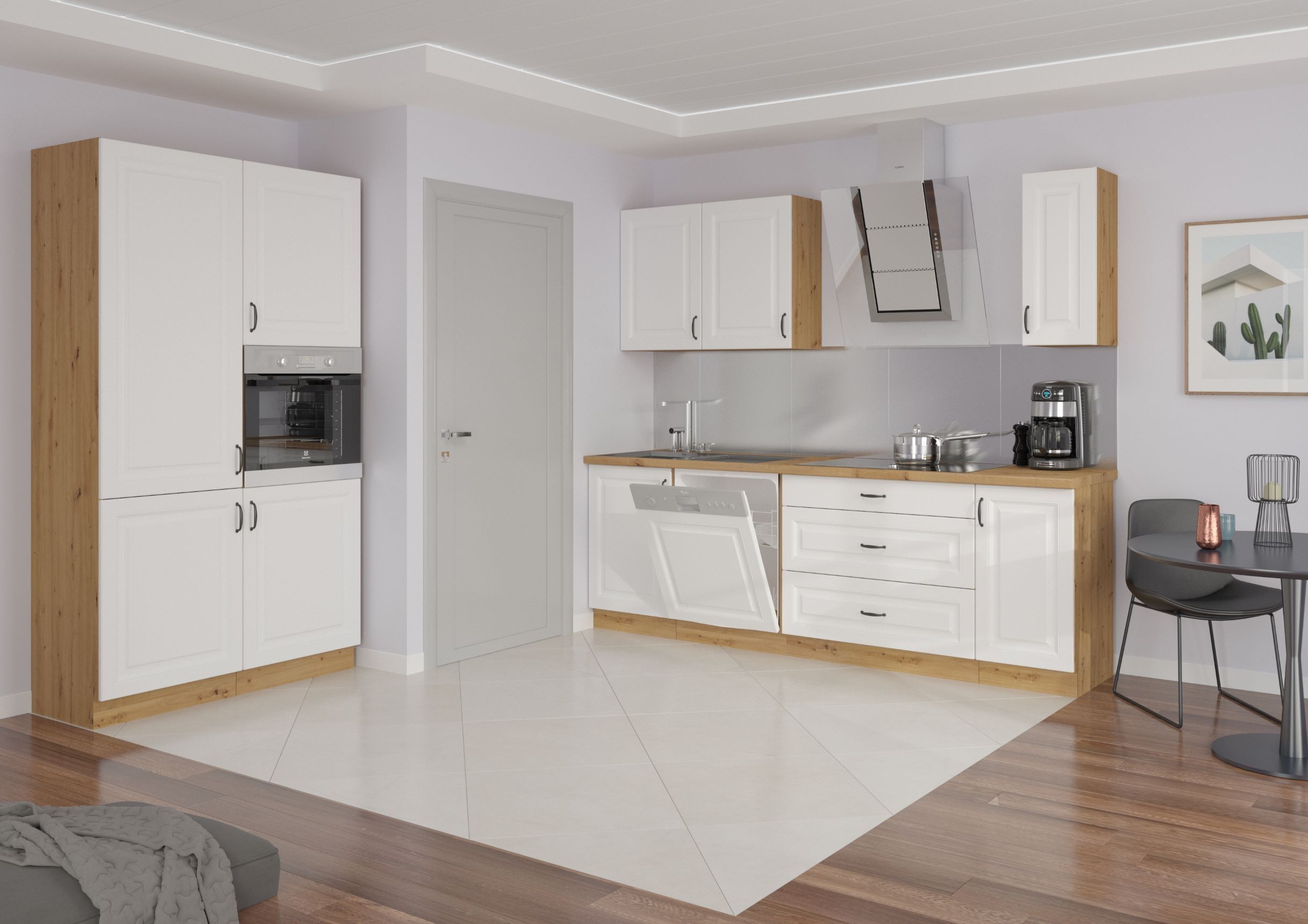 Kuhinja STIL  je dolžine 350 cm. Kuhinja je narejena iz kvalitetnega iverala debeline 16 mm. Delovni pult je laminiran v hrast barvi debeline 38