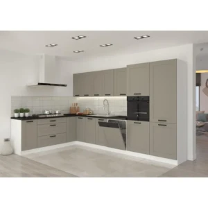 Kuhinjski blok TAJA 210 x 350 . Kuhinjski blok TAJA 210 x 350 cm je dobavljiva v taupe barvi. Debelina delovnega pulta je 38 mm. Fronte kuhinje imajo MDF rob.