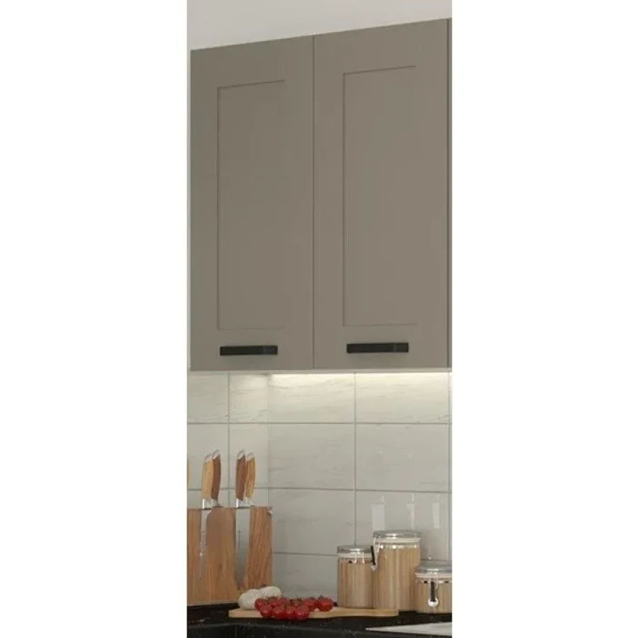 Kuhinjski blok TAJA 210 x 350 . Kuhinjski blok TAJA 210 x 350 cm je dobavljiva v taupe barvi. Debelina delovnega pulta je 38 mm. Fronte kuhinje imajo MDF rob.