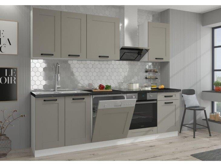 Kuhinjski blok TAJA 250 cm je dobavljiva v taupe barvi. Debelina delovnega pulta je 38 mm. Kuhinja je izdelana iz oplemenitenih ivernih plošč debeline 16