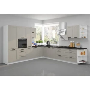 Kuhinjski blok TAJA 310 x 340 cm . Kuhinjski blok TAJA 310 x 340 cm je dobavljiva v taupe barvi. Debelina delovnega pulta je 38 mm. Fronte kuhinje imajo MDF