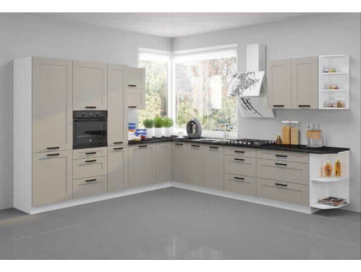 Kuhinjski blok TAJA 310 x 340 cm Kuhinjski blok TAJA 310 x 340 cm je dobavljiva v taupe barvi. Debelina delovnega pulta je 38 mm. Fronte kuhinje imajo MDF rob. Kuhinja je izdelana iz