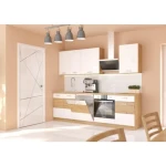 Kuhinjski blok TISA 250 . Kuhinjski blok TISA 250 cm je dobavljiv v več barvah. Debelina delovnega pulta je 28 mm. Kuhinja je izdelana iz oplemenitenih