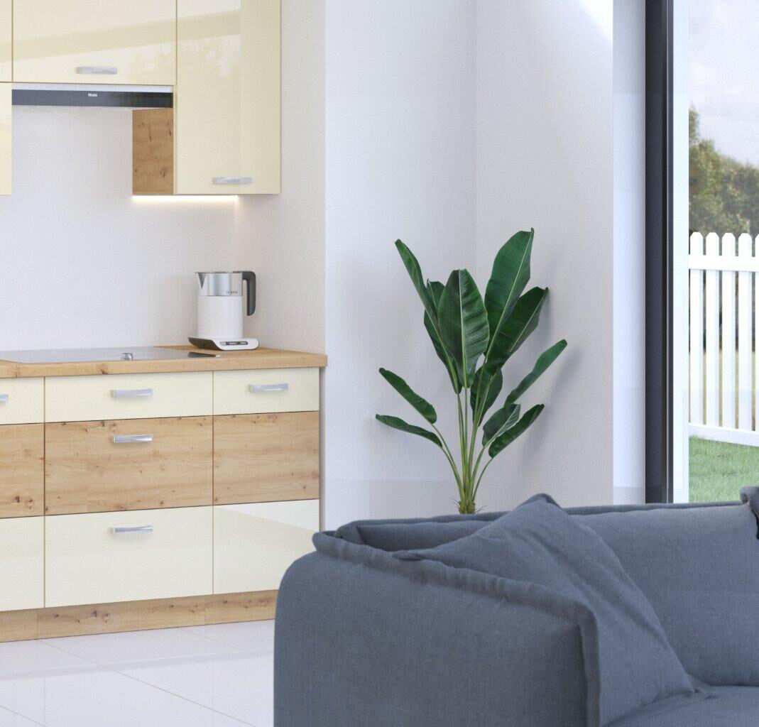 Kuhinjski blok TISA 250 cm je dobavljiv v več barvah. Debelina delovnega pulta je 28 mm. Kuhinja je izdelana iz oplemenitenih ivernih plošč debeline 16