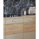 Kuhinjski blok TISA 260 . Kuhinjski blok TISA 260 cm je dobavljiv v več barvah. Debelina delovnega pulta je 28 mm. Kuhinja je izdelana iz oplemenitenih